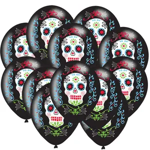 10/20/30count Day of the Dead Sugar Skull Party Balloons Black Latex Balloons with Horror Skull Patterns for Mexican Themed Party