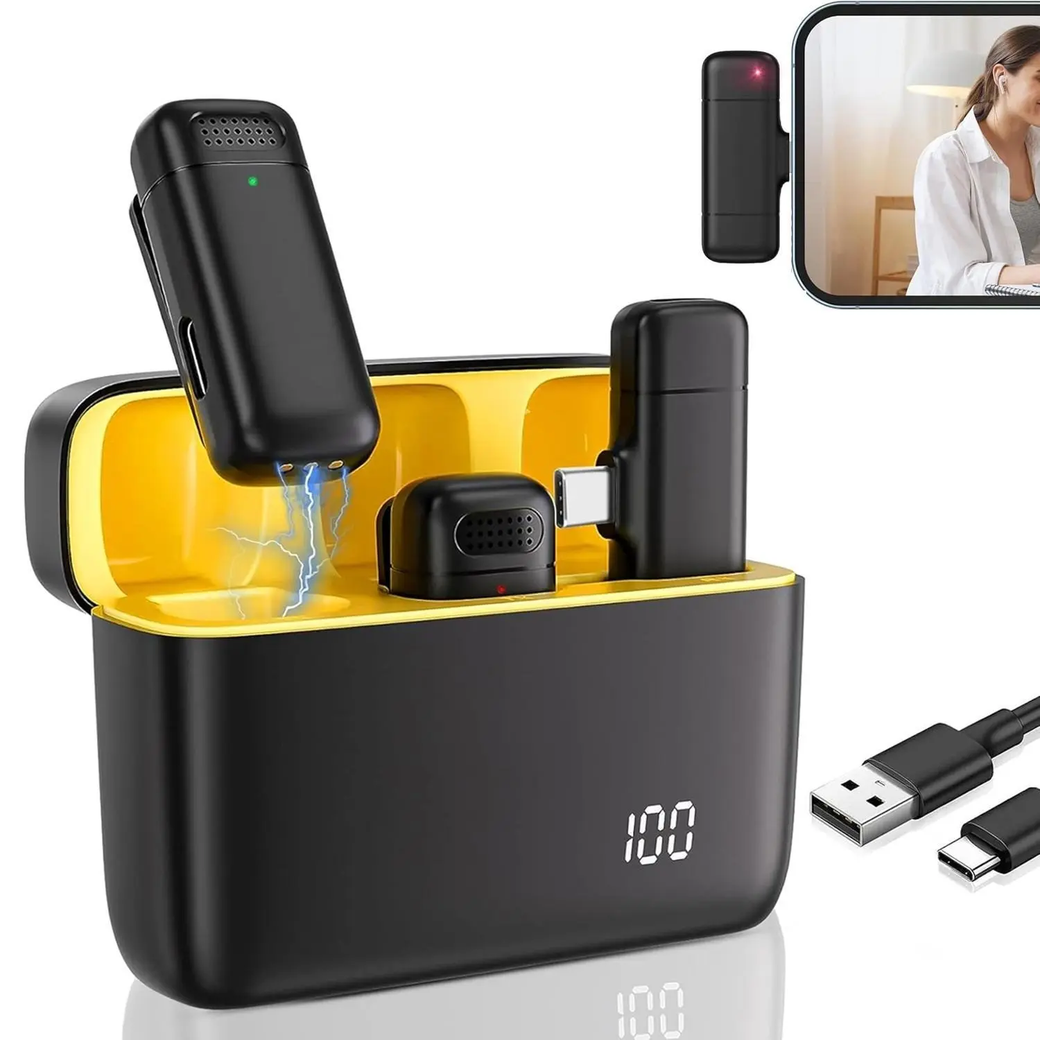 Wireless Lapel Microphone with Charging Box, Type-C Receiver Mini Lavalier Mic, USB Rechargeable Mic, Noise Reduction Live Streaming, Professional Recording, Portable Chargeable