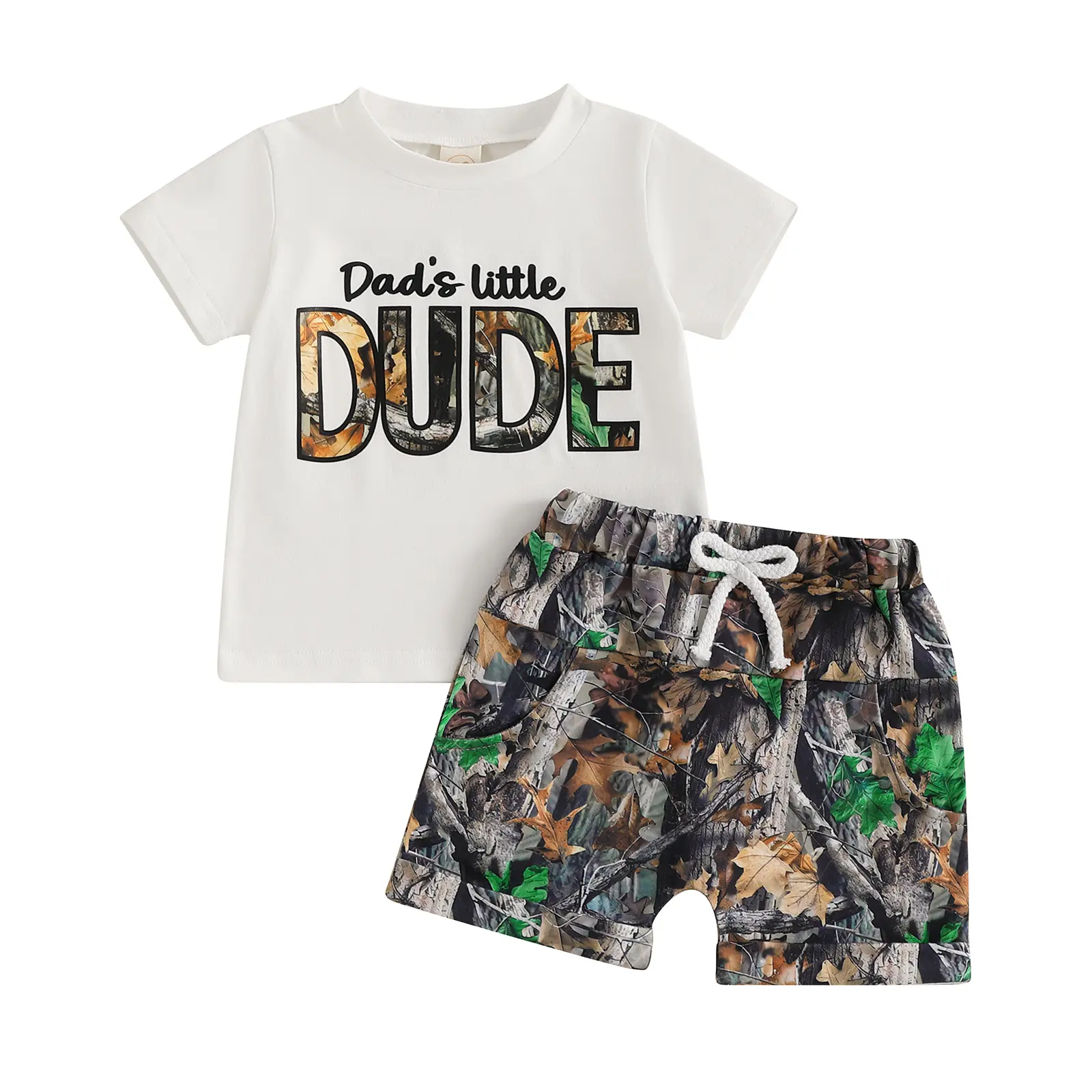 Baby Boy 2-Piece Cotton Blend Baby Clothing Matching Set, Short-Sleeve "Dad's Little Dude" T-Shirt & Leaf Camo Shorts, Summer Casual Hunting Outfits