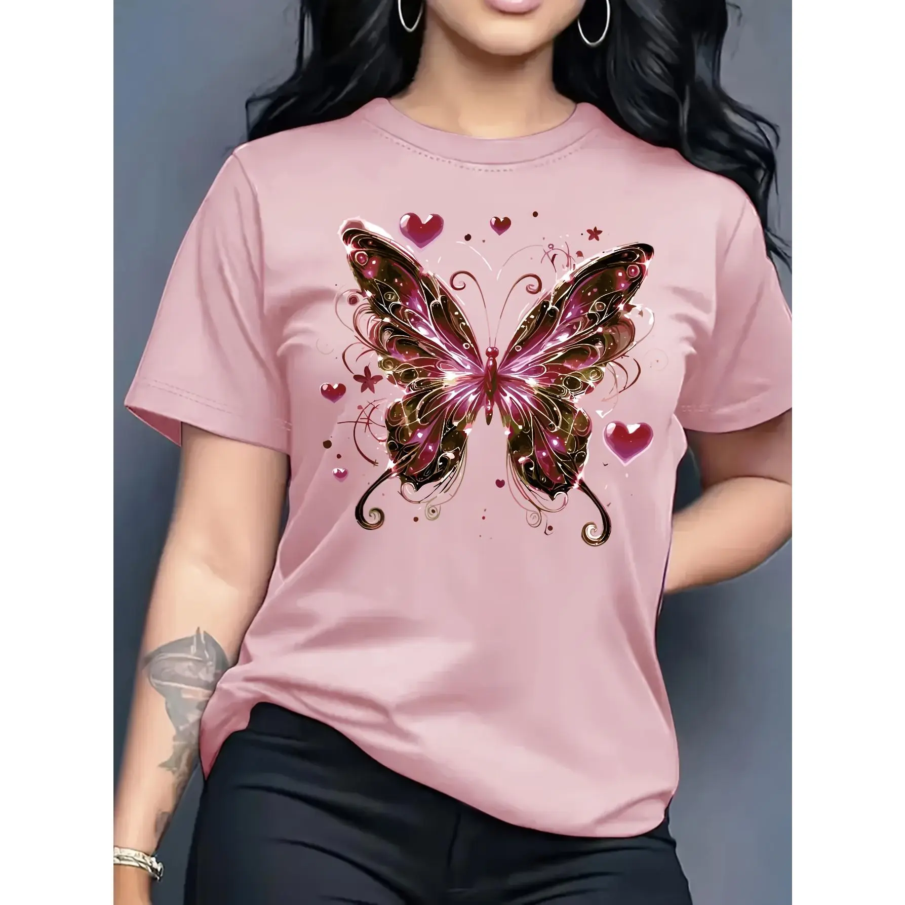Women's 100% Cotton Smooth Fabric Short-Sleeve Basic Fit T-Shirt - Sparkly Purple Butterfly & Heart Graphic, Glamorous Romantic Top for Casual Daily Wear & Stylish Outings
