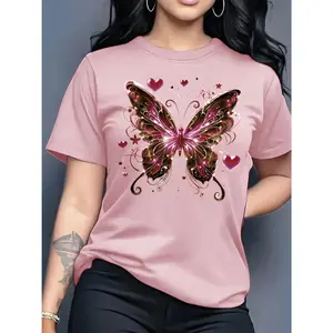 100% Cotton Women's Short Sleeve T-Shirt Romantic Butterfly And Heart Graphic Tee Sweet And Eye - Catching Top For Casual Daily Wear Dates And Feminine Style Statements