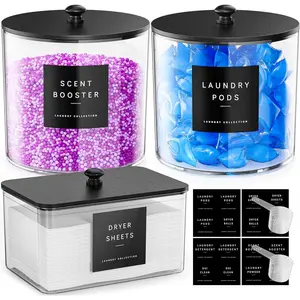 3 Pack Laundry Pods Container, Clear Laundry Room Organization Containers, Large Acrylic Detergent Powder Storage Containers with Black Wooden Lids & Labels, Dryer Sheet Holder