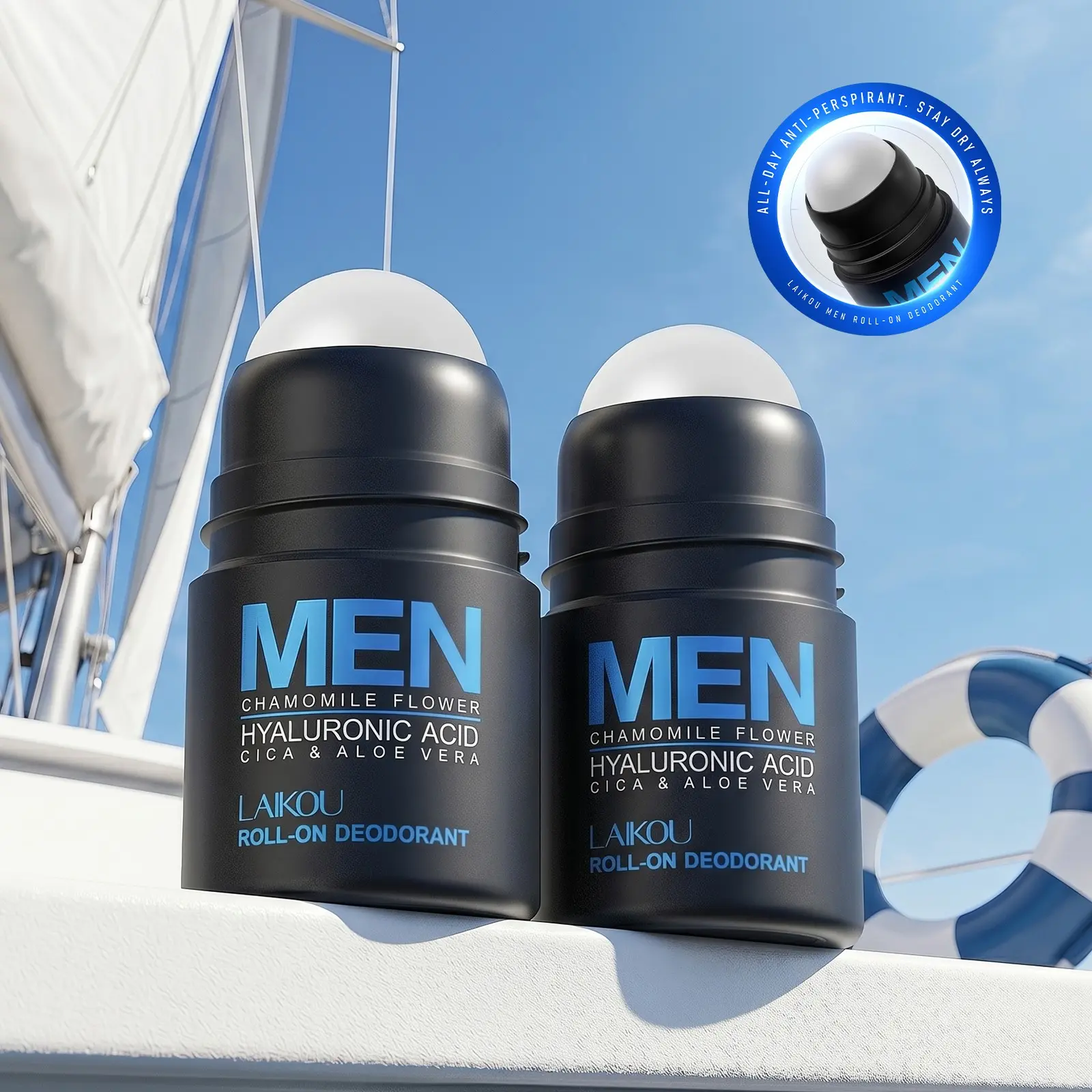 LAIKOU Men's Deodorant Roll-On with Hyaluronic Acid & Vitamin C, All Day Invisible Sweat & Odor Control Antiperspirant, Long Lasting Dry & Refreshing Care