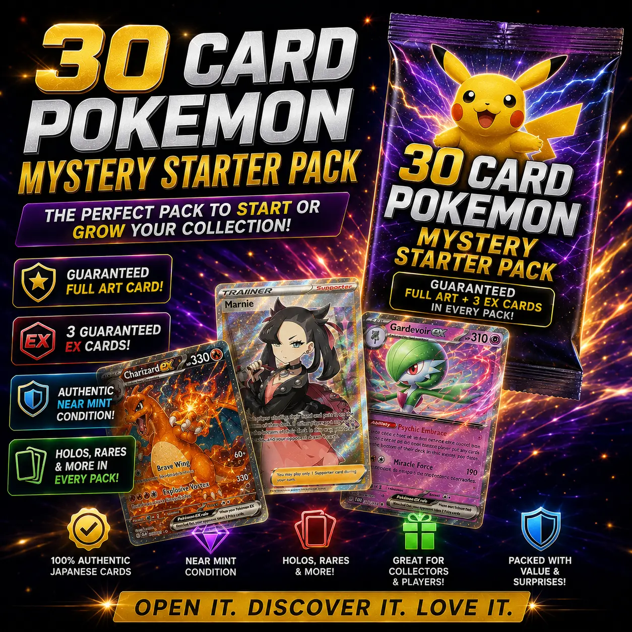 30 Card Pokemon Mystery Starter Pack - Guaranteed Full Art + 3 EX Cards | Authentic Near Mint, Holos & Rares in Every Pack