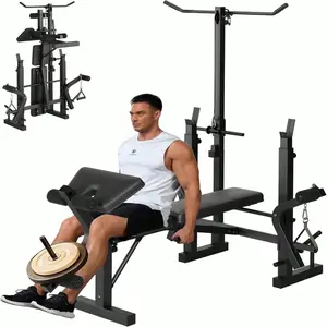 7 IN 1 Weight Bench Set With Squat Rack, Adjustable Bench Press Set With Leg Extensions And Preacher Curl Machine, Foldable Workout Bench With Lat PullDown Fitness Strength Training For Home Gym