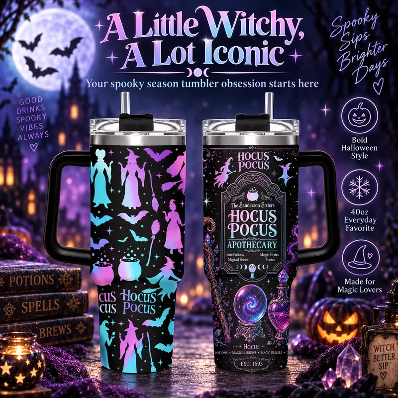 Halloween Tumbler, Hocus Pocus Apothecary Tumbler with Handle, Sanderson Sisters Magic Potion Design Cup, Spooky Halloween Travel Mug, Halloween Gift, Witchy Aesthetic Gift, 40oz Stainless Steel Tumbler