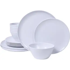 Melamine Dinnerware Sets,18- Melamine Plates and Bowls Set, Unbreakable Dishes Set for 6, Dishwasher Safe,Indoor and Outdoor Use,Lightweight,White