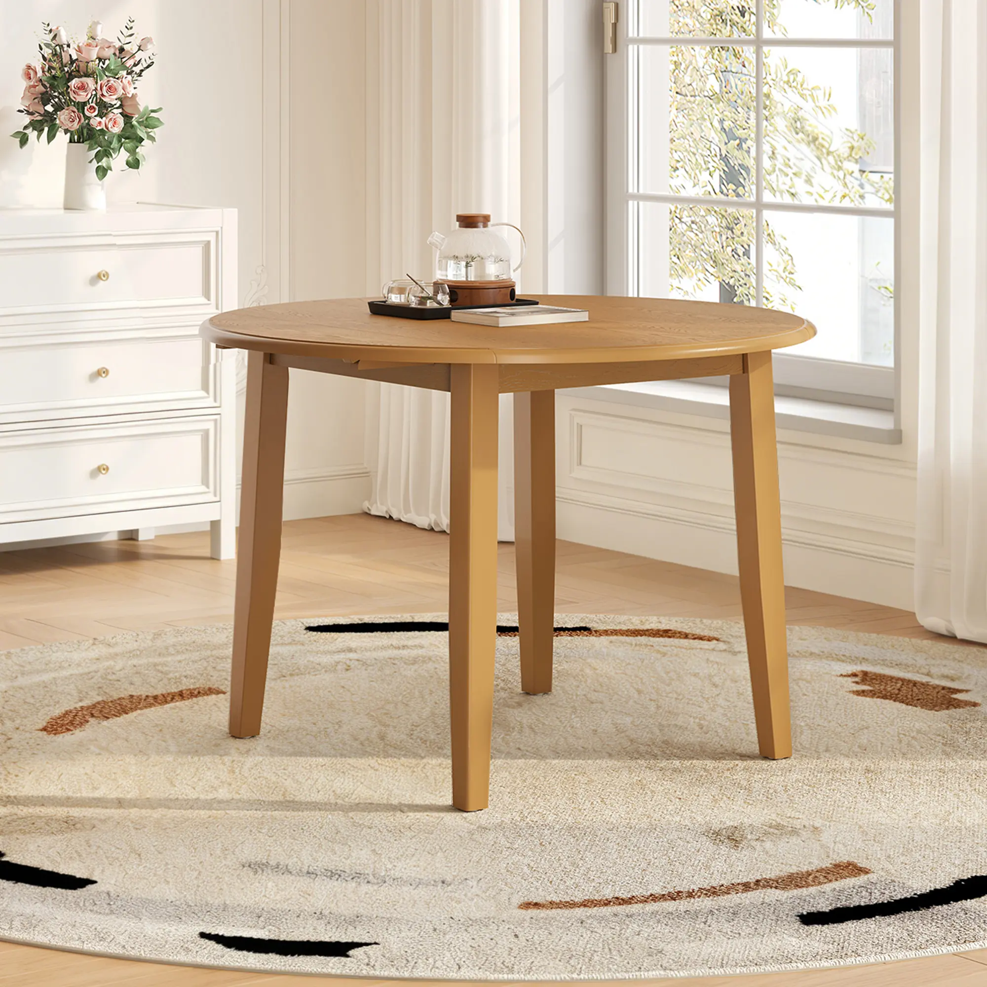 Extendable Round Dining Table Light Brown, Folding Wood Table for 2-4 People, Adjustable Size Space-Saving Design for Small Apartments, Mid-Century Modern Kitchen Dining Room