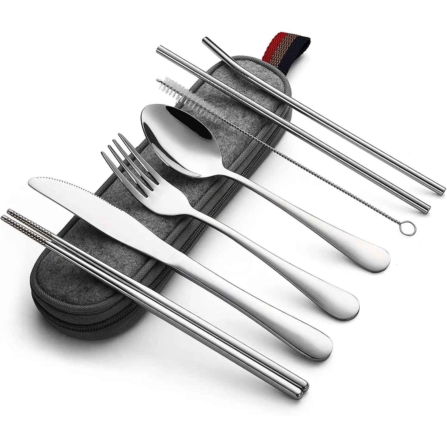 28pcs Portable Stainless Steel Flatware Set, Travel Camping Cutlery Set, Portable Utensil Silverware Set with A Waterproof Case, Portable Reusable Travel Utensils, Includes Knife, Fork, Spoon, Straw, Waterproof Case, And Chopsticks