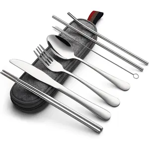 32pcs Portable Stainless Steel Flatware Set, Travel Camping Cutlery Set, Portable Utensil Silverware Set with A Waterproof Case, Portable Reusable Travel Utensils, Includes Knife, Fork, Spoon, Straw, Waterproof Case, And Chopsticks