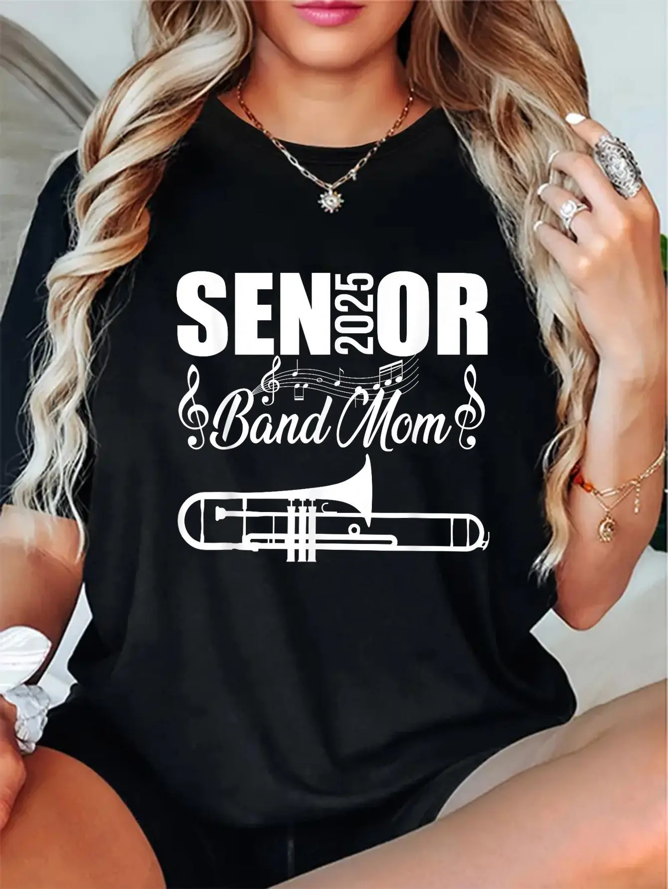 Women's Senior Band Mom T-Shirt, Casual Class of 2025 Trombone Graphic, Soft 100% Cotton Round Neck Top with Relaxed Fit, Cute, Everyday, Shortsleeve, Tee, Breathable, Soft Cotton, Style, Vibe, High-Res Print, All Seasons, Digital Print, Check, Comfy, Tsh