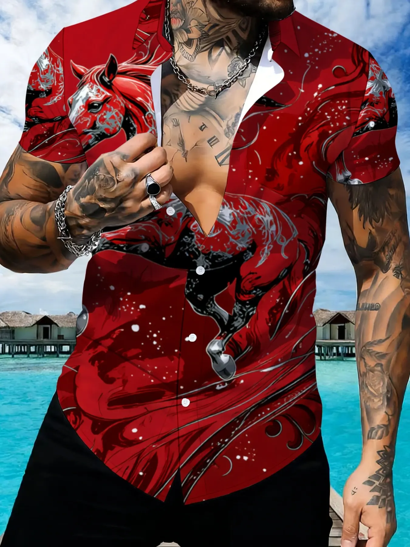 Red 3D Printed Short Sleeve Shirt, Men's Streetwear Personalized Fashion Slim Casual Top