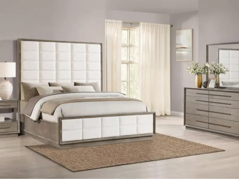 COASTER 4-Pc Durango Queen Bedroom Set Furniture with Nightstand (Model 223271Q-S4), Taupe Oak Wood Finish, Cream Boucle Padded Modern Headboard