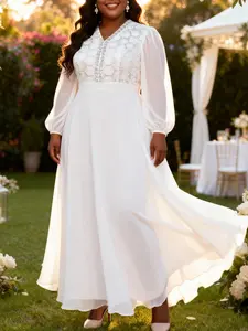 AOMEI DRESS Elegant White Chiffon Long Dresses V Neck Sheer Lantern Sleeves Lace Patchwork  Sequined Wedding Guest Church Gowns Plus Size
