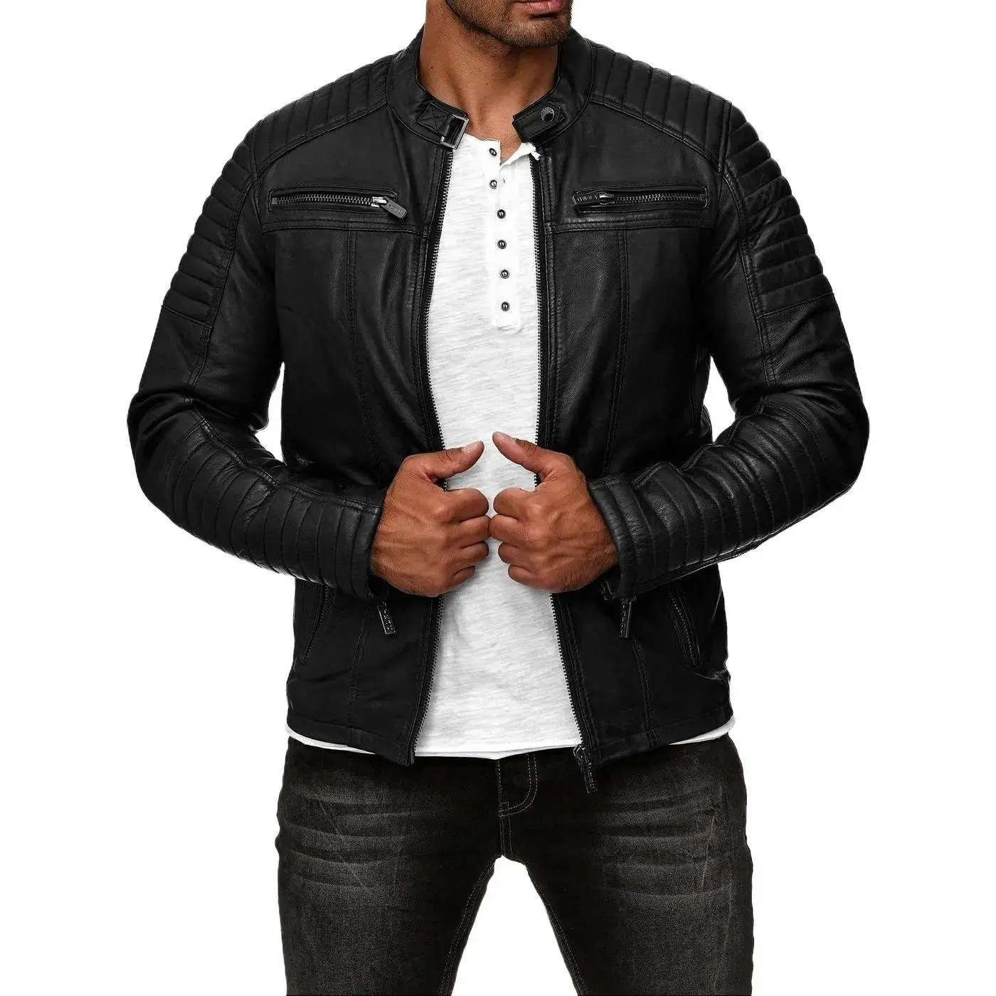 Men's Cafe Racer Style Leather Jacket with Metal Zips and Embellishments at Shoulders & Arms Genuine Sheep Skin Black Color Casual Jacket Classic Menswear Coats Tops Long Sleeve T