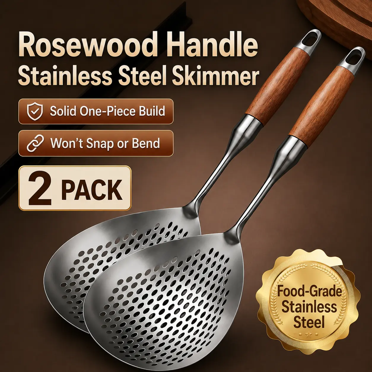 Wooden Handle Stainless Steel Skimmer, Skimmer Slotted Spoon, Ladle Spoon with Heat-Resistant Long Handle, Extra Thick Spider Strainer for Deep Frying, Boiling & Fast Oil Draining (1PC)