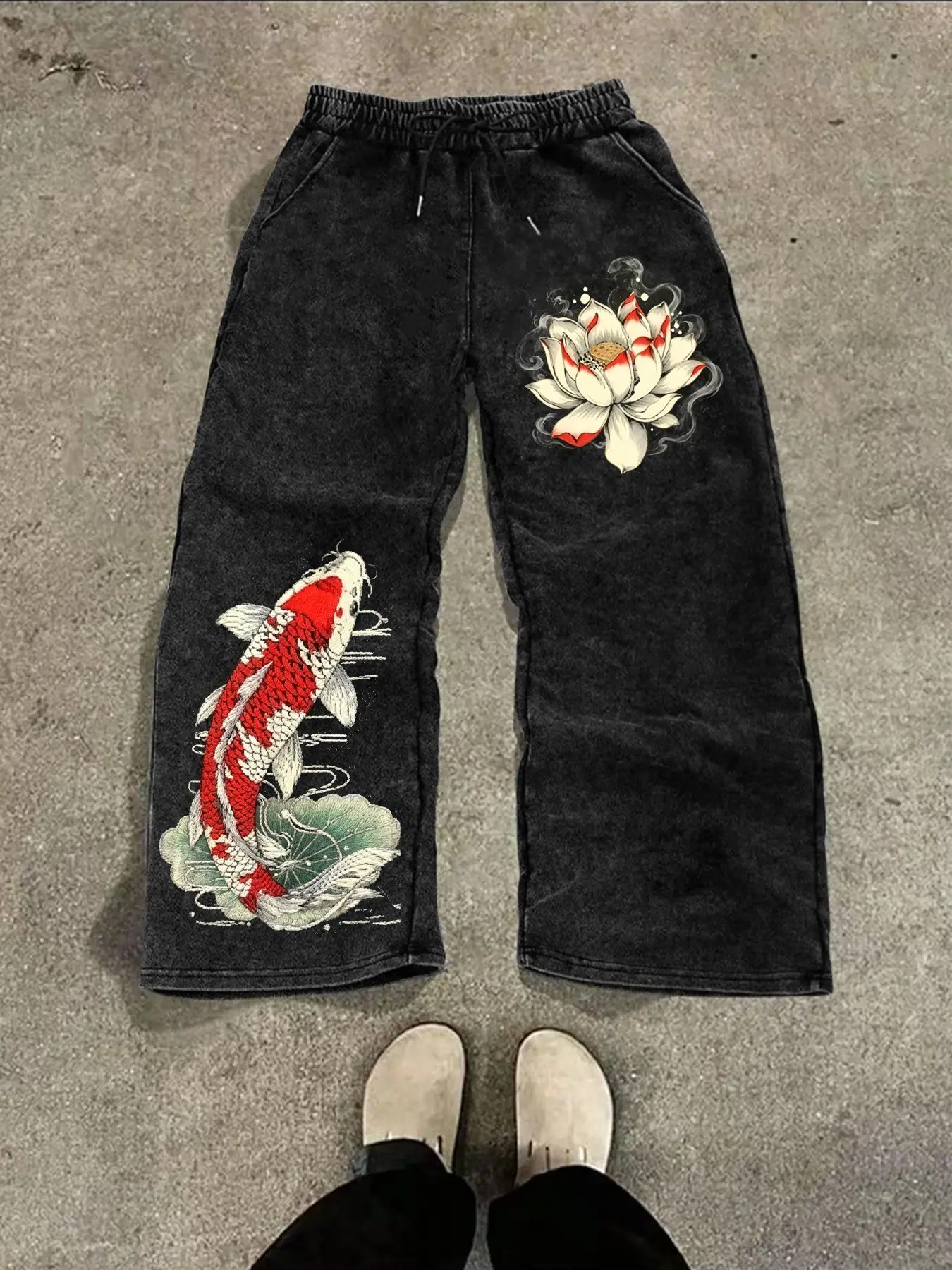 Men's Long Pants, Eastern Zen Koi Lotus Print Loose Sweatpants, Subculture Style, Casual Fitted Pants for All Seasons, Casual Comfy Trouser, All Seasons Trousers