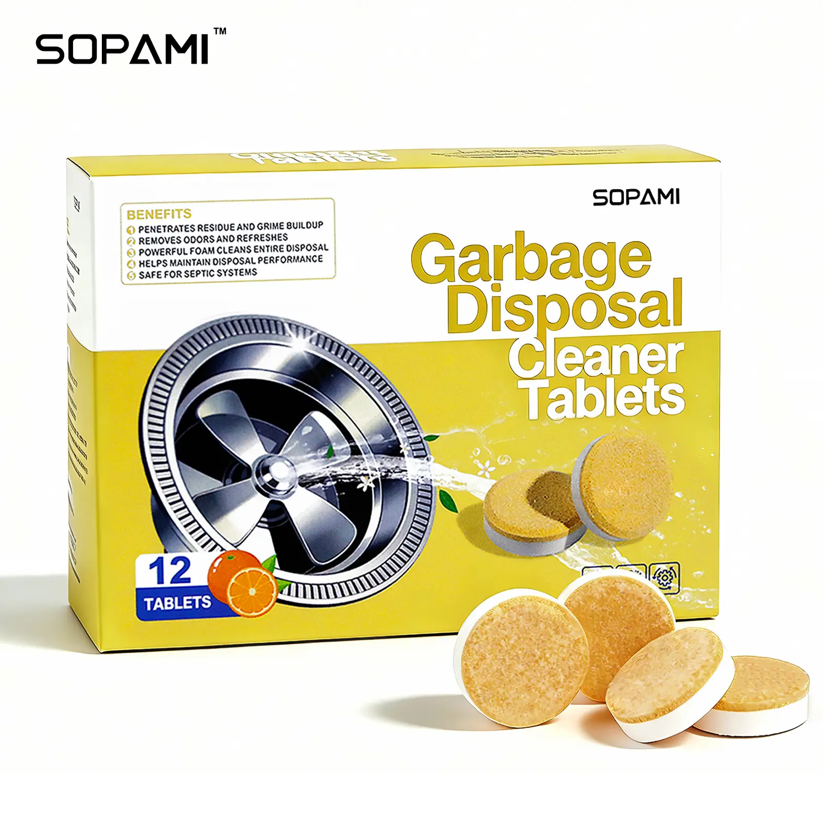 SOPAMI Garbage Disposal Cleaner Tabs 12 pack Designed for kitchen sink garbage disposals Simple to use it clears away common grime and lessens unpleasant odors during regular household use