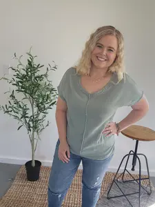 Sage V-Neck Raw Edge Top
