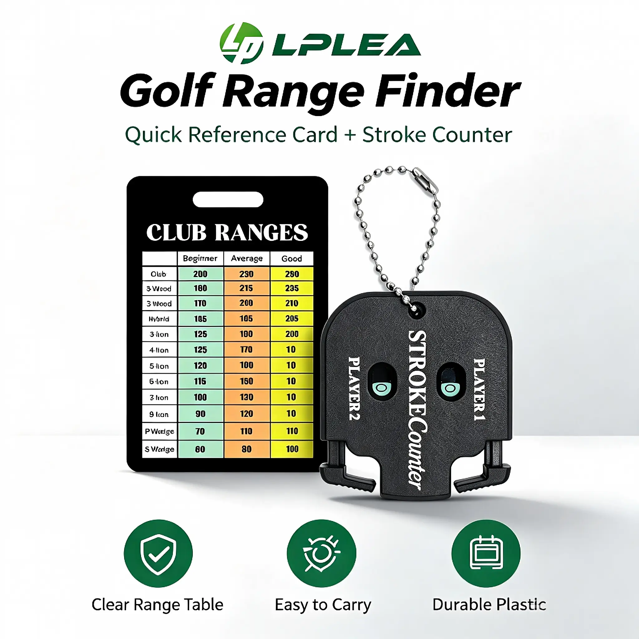 Portable Golf Stroke Counter & Golf Club Yardage Chart Card Set, 2 Player Mini Golf Score Counter with Chain, Pocket Size Distance Reference Card for Golfer Beginners to Pros