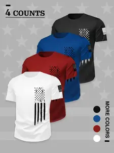 4-Pack Men's Flag Print Short Sleeve T-Shirts, Casual Loose-Fit Tops, Geometric Pattern, All-Season Wear, Ideal for Outdoor Activities