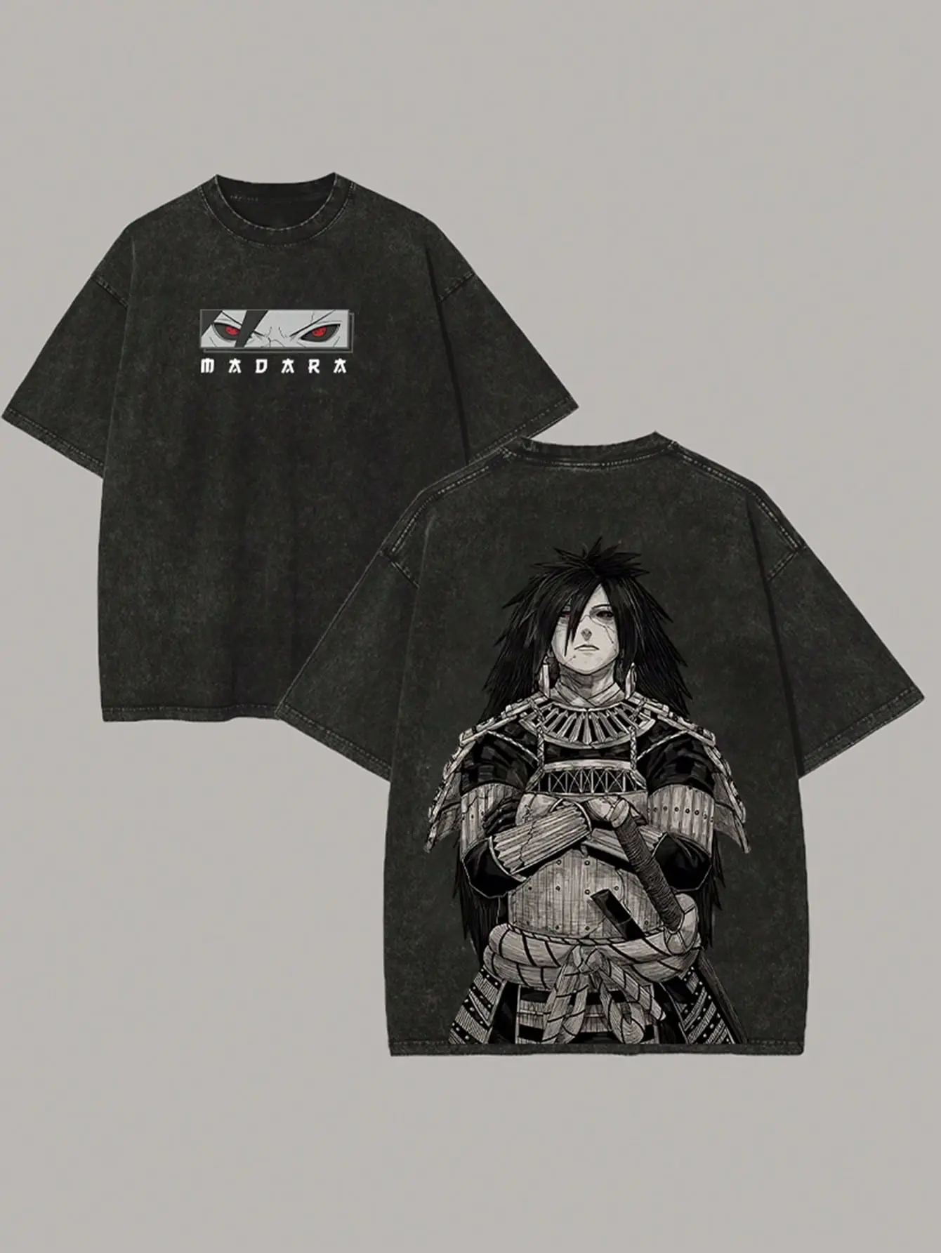 Men's Vintage Graphic Round Neck Top in Washed Cotton, Short-Sleeve Uchiha Madara Distressed Streetwear, Skin-Friendly, T-Shirt, Figure Print, Fitted Cut, Sports, Shortsleeve, Menswear, Tshirt, Distressed Look, All Seasons, Anime Style, Casual, Crew Neck
