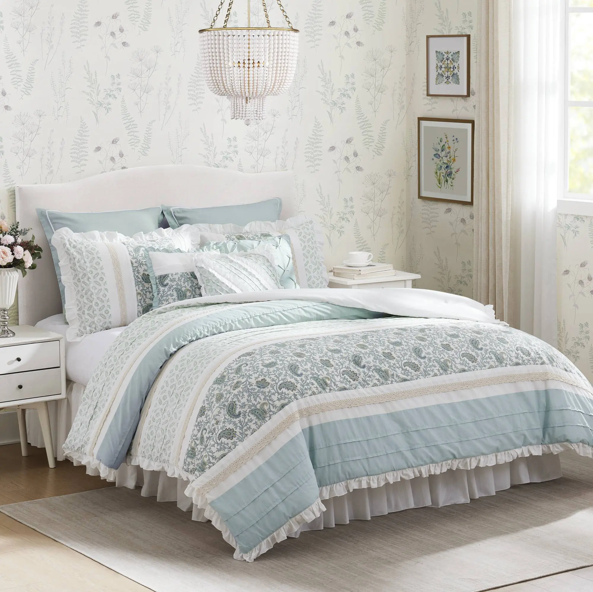 9-Piece Traditional Floral Print Cotton Shabby Chic Comforter Set - Farmhouse Bedroom Multi-Size Bedding, Breathable All-Seasons Down Alternative, Matching Shams, Bedskirt, Decorative Pillows