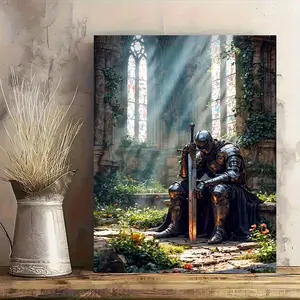 2D Flat,(Framed Frameless Poster Optional) - Medieval Knight with Sword, Gothic Church Scene, High-Definition Micro-Print, Ideal for Living Room, Study, Game Room Decor, Perfect Gift for Fantasy Literature Fans & Knight Culture Enthusiasts