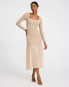 Express Mixed Media Square Neck Long Sleeve Midi Dress