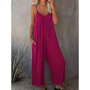 Maroon Stretch Camisole Jumpsuit with Pockets – Women’s Summer Solid-Color Polyester/Spandex Blend, Machine Washable, Casual