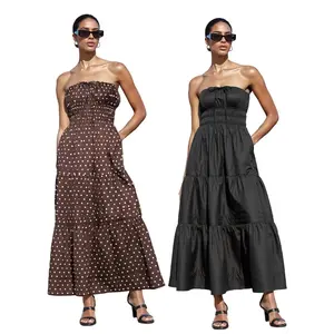 Women's Strapless A Line Dress Dot Print Sleeveless Boat Neck Flowy Long Dress with Pockets