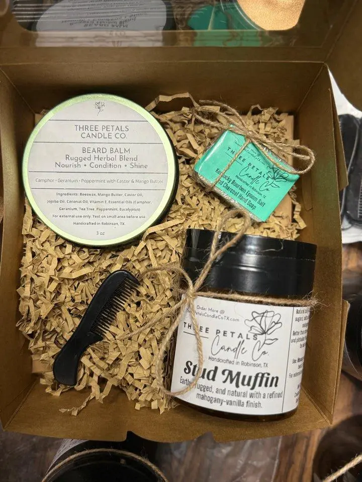 Rugged Beard Gift Set - Handcrafted with Natural Ingredients Beard Balm Stud Muffin Scrub Mini Artisan Soap Bar Beard Comb Perfect for Father's Day or Birthdays