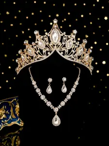 Luxury Rhinestone Decorated Crown & Tiaras & Dangle Earrings & Pendant Necklace, Elegant Wedding Bridal Jewelry Set for Women, Fashion Accessories for Party, Daily Clothing Decor