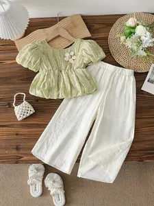 Girls' Comfortable Summer 2-Piece Set, Ruffled Polka Dot Bubble Sleeve Top, Loose Wide Leg Pants, Casual Daily Wear, Summer Clothing Set
