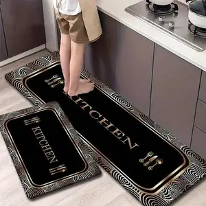 2/3 Piece Flannel Kitchen Mat Set, Gold Embossed European Pattern, Non-Slip, Absorbent Decorative Rugs, Home Decor, Kitchen Rug Set