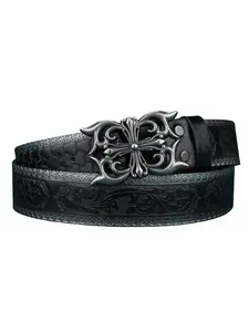 Gothic Cross Belt, Vintage Silver Color Buckle, Floral Embossed Leather, Perfect for Streetwear, Festivals, Rock Concerts, Cross Design Belt