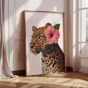 Trendy Leopard Hibiscus Flower Print Set of 3 Wall Art Girly Pink Cheetah Bedroom Posters Hawaiian Aloha Print Poster Funky Y2K Aesthetic