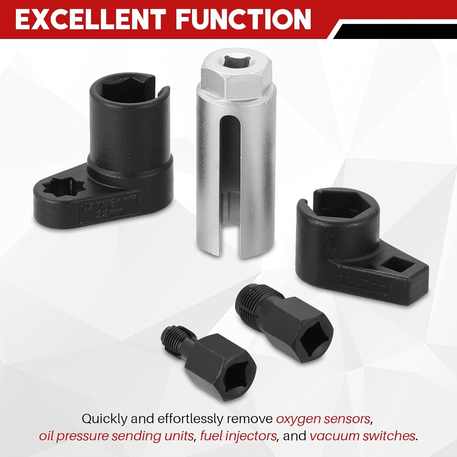 Automotive Oxygen Sensor Socket Set | 5 Pcs Offset Wrench Remover and Thread Chaser Kit for O2 Sensors (Red) Automotive Oxygen Sensor Socket Set | 5 Pcs Offset Wrench Remover and Thread Chaser Kit for O2 Sensors (Red)