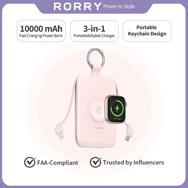 RORRY 10000mAh Portable Charger Fast Charging Power Bank, Mobile Accessories with Built-in Cables, Keychain, Wireless Magnetic Function for iPhone 17-11, iWatch, Android, AirPods, iPad – Lightweight Smartphone Travel Battery Pack Perfect Gift, fathersdayg