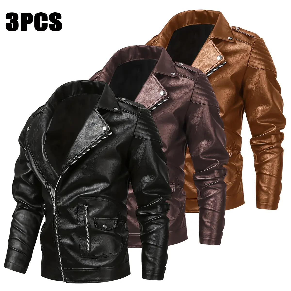 3-Pack Men’s Fashion Leather Jackets, suitable for spring/autumn, urban casual outdoor wear, spring/autumn jackets | Modern casual jacket | Functional pockets