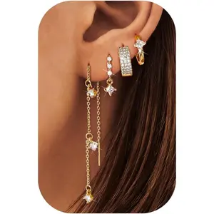 14K Gold Plated Earrings for Women Hypoallergenic - Surgical Stainless Steel Stud Hoop Earring Stacks Dainty Dangle Chain Cartilage Earring Sets for Multiple Piercing Trendy Jewelry
