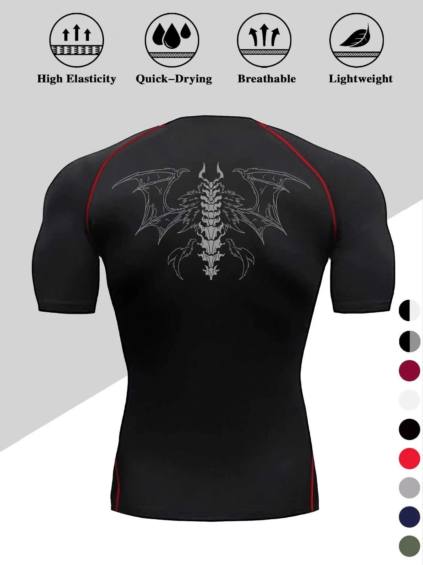 Men's Compression T-Shirt, Muscle Fit Fitness Tee, Demon Wings Pattern, Quick-Dry Moisture-Wicking Fabric, Gym Running Boxing Training, Workout Rash Guard, Activewear
