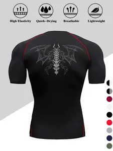 Men's Compression T-Shirt, Muscle Fit Fitness Tee, Demon Wings Pattern, Quick-Dry Moisture-Wicking Fabric, Gym Running Boxing Training, Workout Rash Guard, Activewear