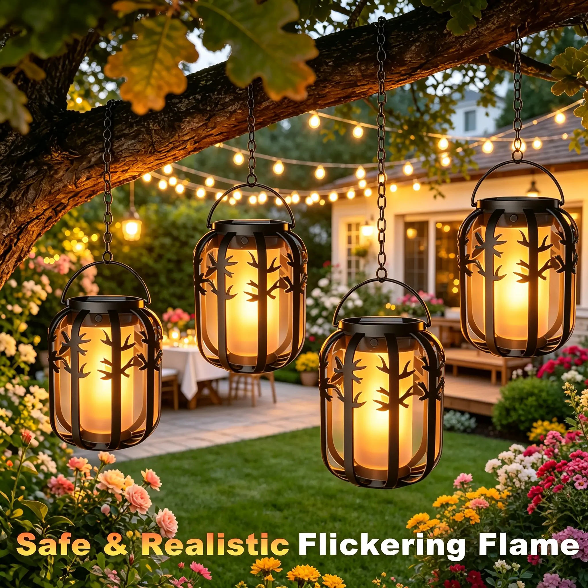 Solar Flame Lanterns 2/4 Pack, IP65 Waterproof Hanging Outdoor Lights, Realistic Warm Glow, Perfect for Garden, Yard, Porch, Tree, Patio, Great Gift Idea