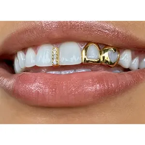 Custom Fit 14K Gold Plated Open Face Heart + Iced Gap Teeth Grillz Cap 2pc Set