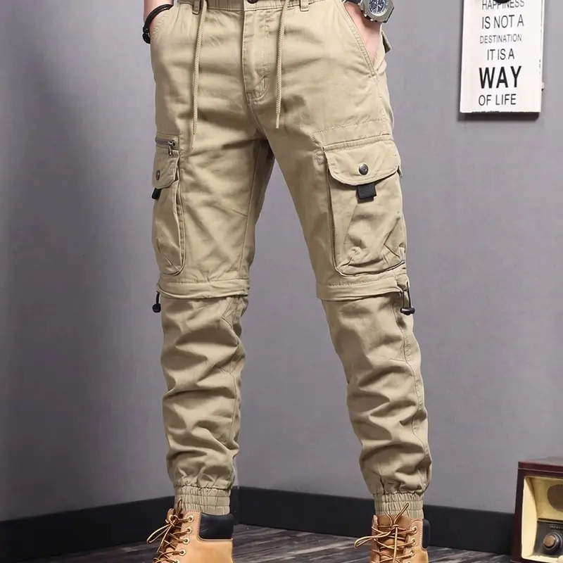 Men's Fashion Plain Solid Woven Functional Cotton Cargo Pants - Mid Waist, Slim-Fitting, Tapered Legs, Large 3D Pockets, Ankle Length, Belt-Included, Machine Washable, All-Season Casual Wear