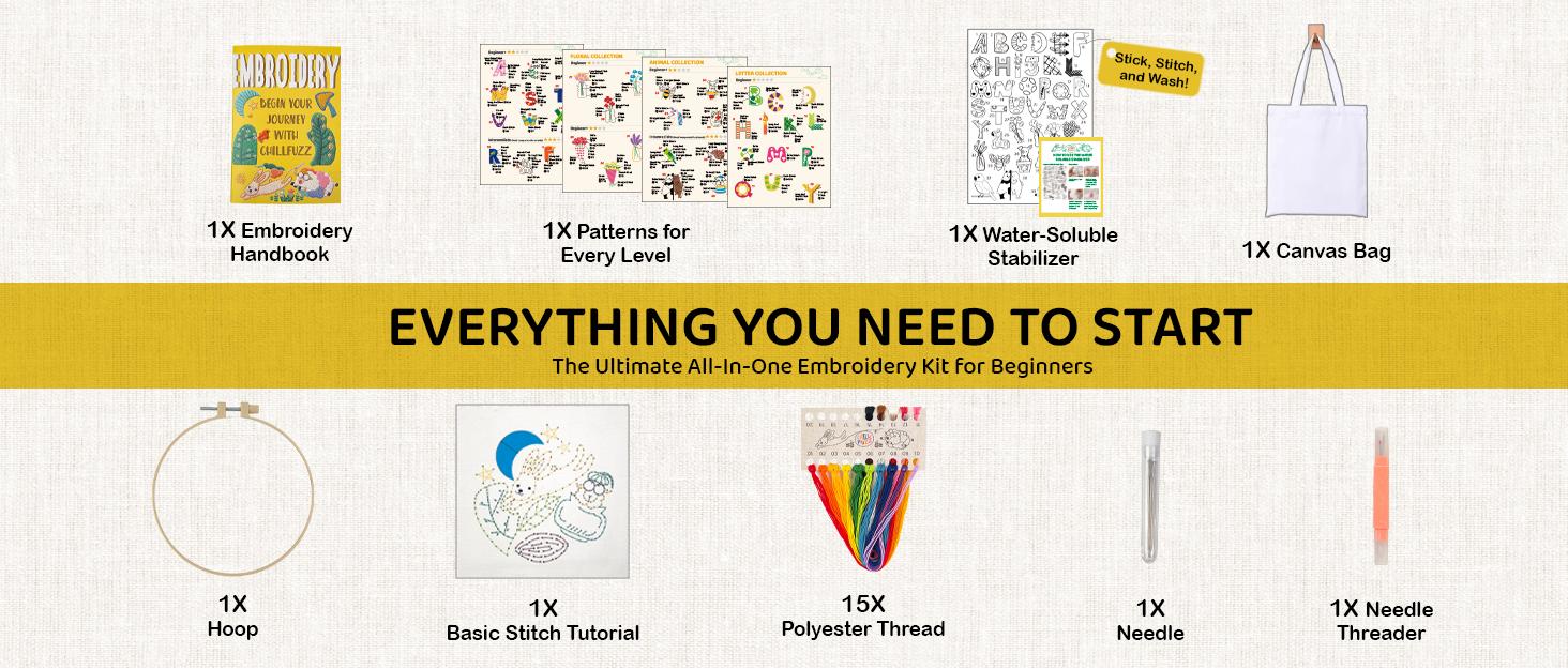 Complete Embroidery Kit for Beginners & Adults with Printed Water-Soluble Patterns, Threads, Fabric, Tools & Video Tutorials, Easy DIY Craft Kit for Learning Stitches, Accessories & Handmade Gifts