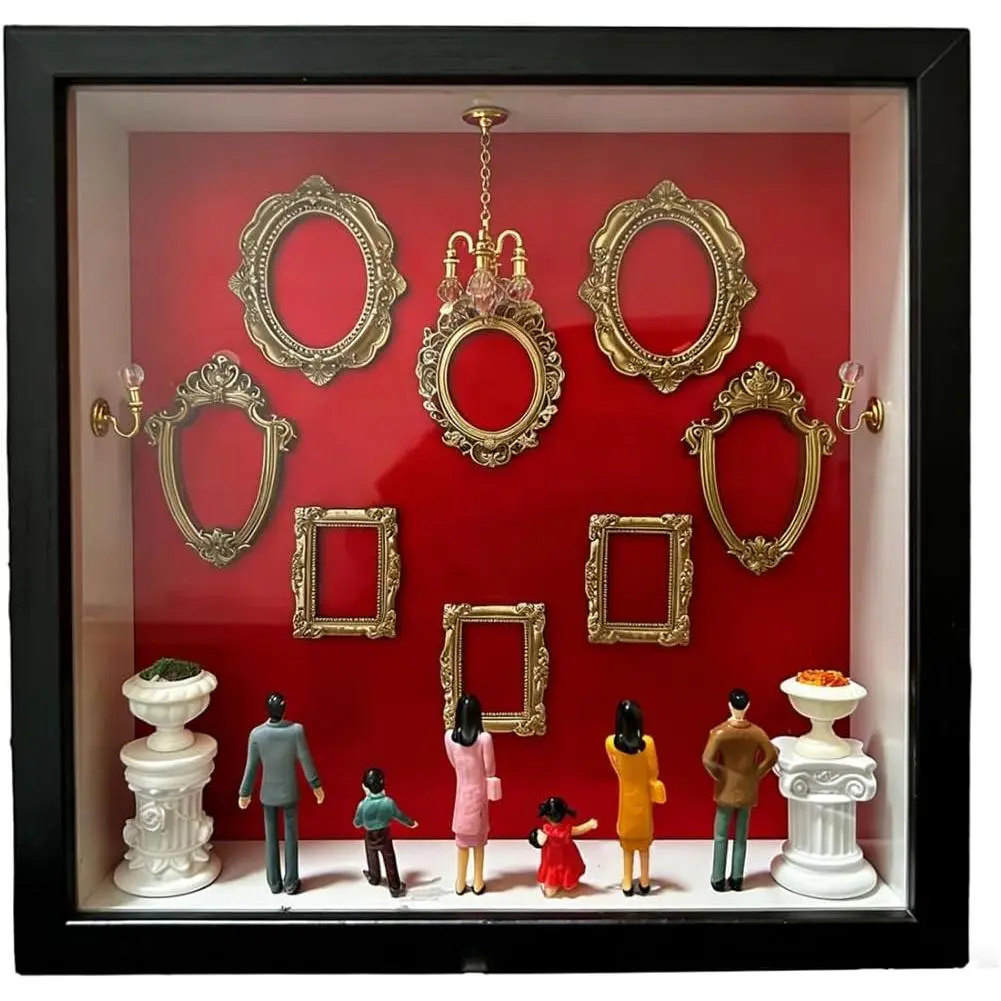 Vintage Red Velvet Sturdy Glossy DIY Mini Museum Shadow Box Photo Frame Kit - 10.63x10.63in Family Memory Keepsake with Mini Figurines, Column Decor, Chandeliers, Wall Decor - Personalized Gift for Christmas, Wedding, Father's Day