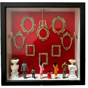 DIY Mini Museum Shadow Box - Family Memory Keepsake w/ Mini Figurines, Gift for Christmas, Mother's Day, Father's Day, Wedding Anniversary, 10.63x10.63 Vintage Red Velvet Wall Decor