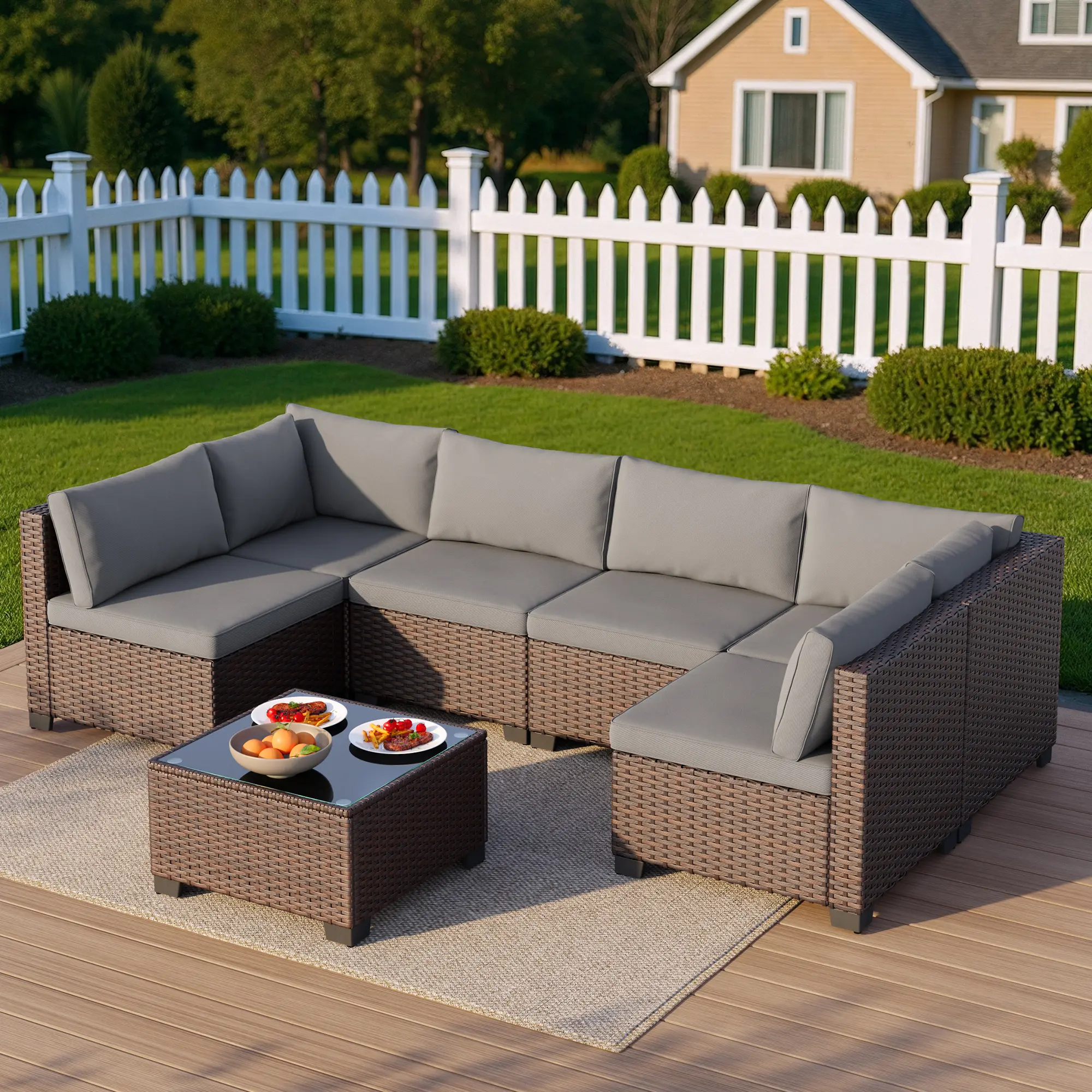 Gizoon 7-Piece Waterproof PE Rattan Outdoor Sectional Sofa Set, Ergonomic Multiple-Seat Patio Furniture with Cushions, Glass Coffee Table for Front Porch, Garden, Pools, Multiple Seats